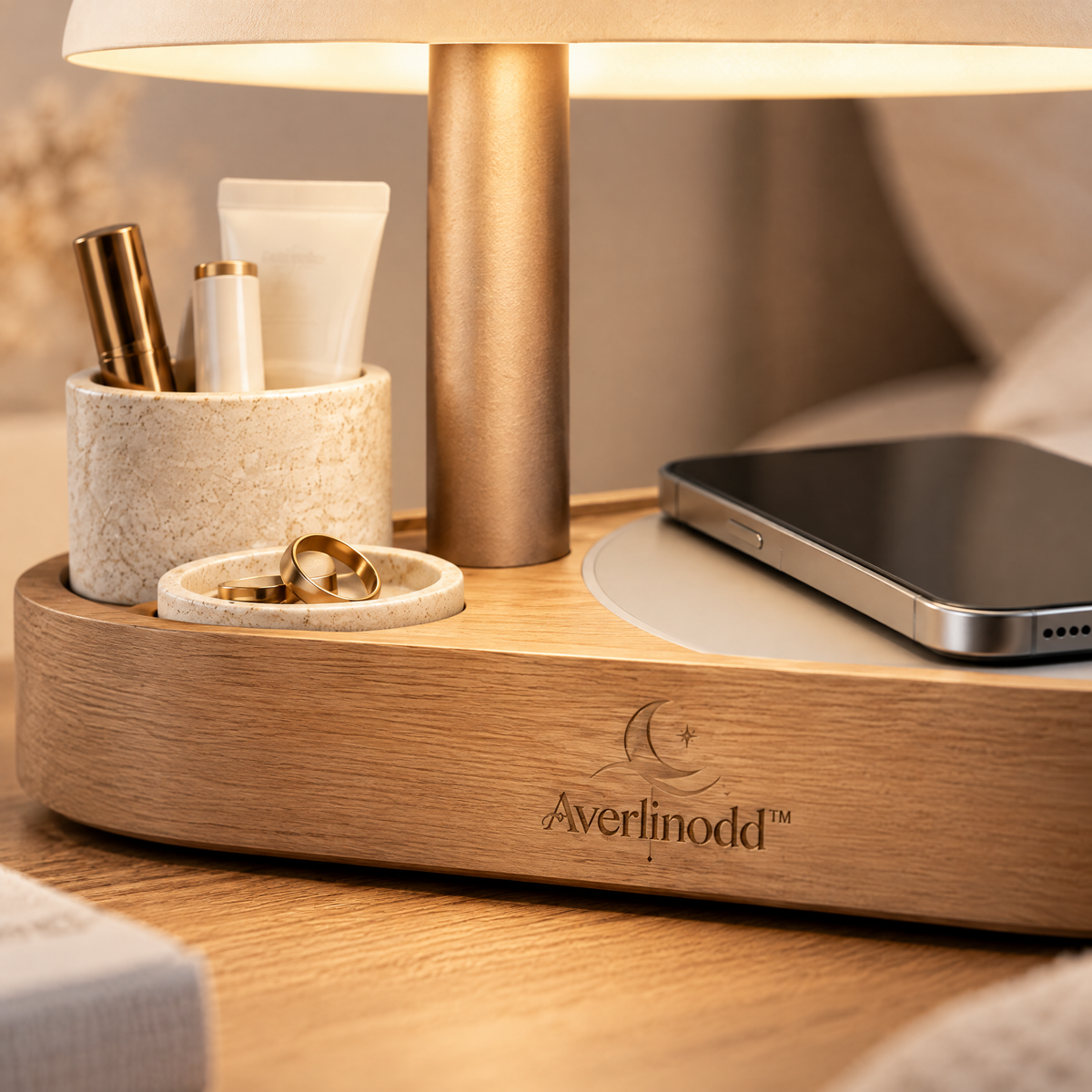 Averlinodd™ Bedside Organizer Lamp | Warm Nightstand Light with Storage Cup, Ring Dish & Phone Rest Area