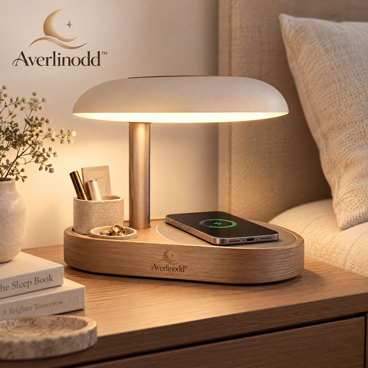 Averlinodd™ Bedside Organizer Lamp | Warm Nightstand Light with Storage Cup, Ring Dish & Phone Rest Area