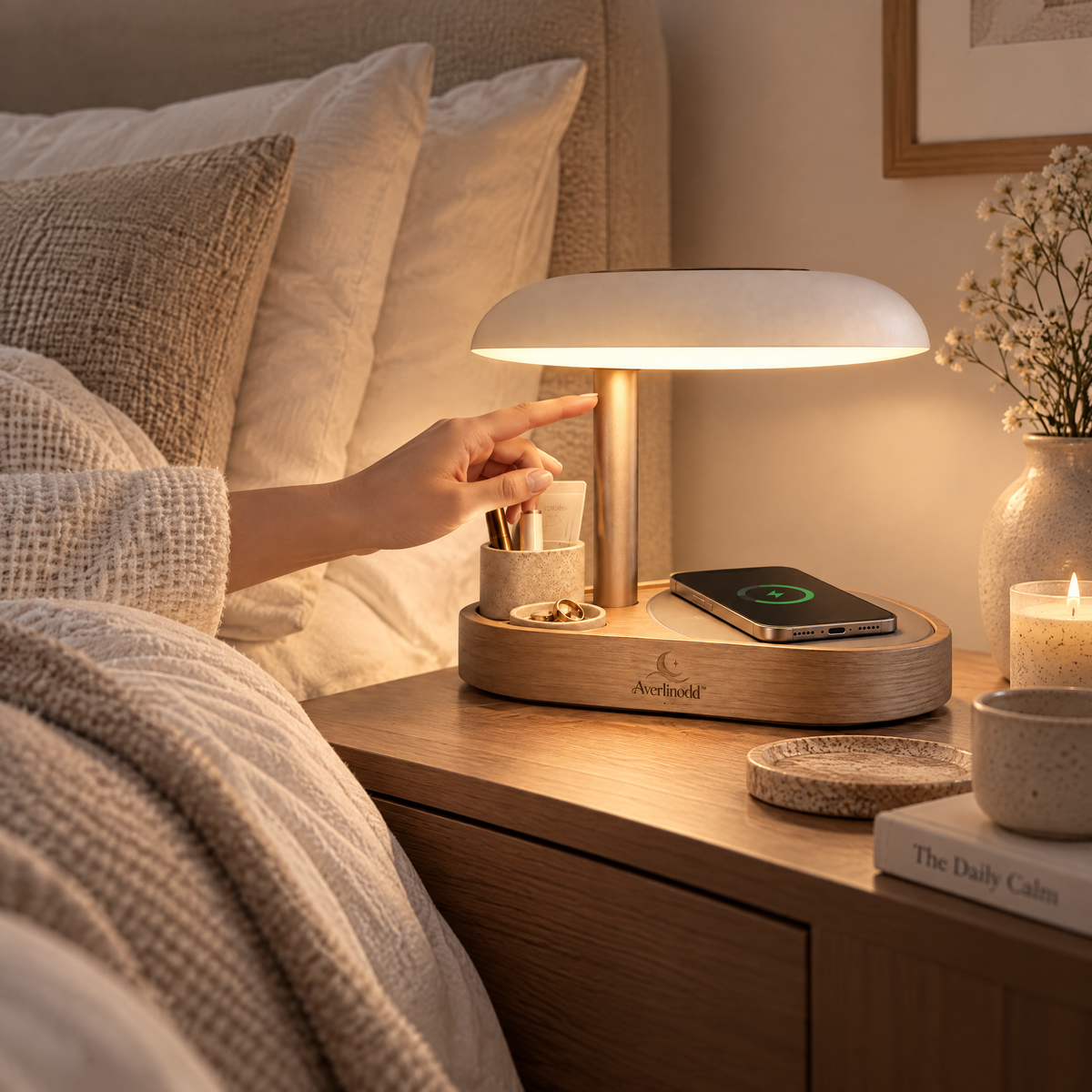 Averlinodd™ Bedside Organizer Lamp | Warm Nightstand Light with Storage Cup, Ring Dish & Phone Rest Area