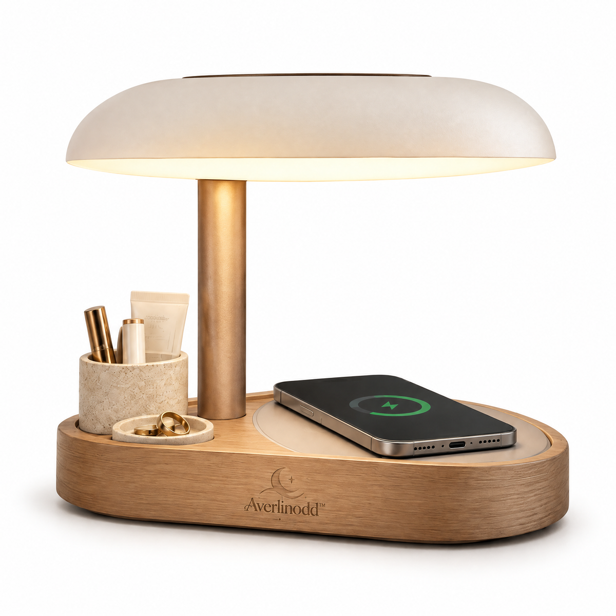 Averlinodd™ Bedside Organizer Lamp | Warm Nightstand Light with Storage Cup, Ring Dish & Phone Rest Area