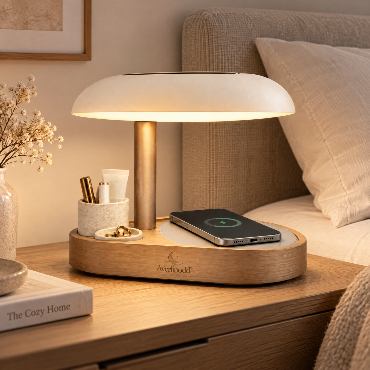 Averlinodd™ Bedside Organizer Lamp | Warm Nightstand Light with Storage Cup, Ring Dish & Phone Rest Area